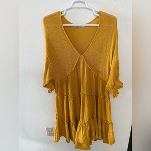 Free People FP Beach Mustard Oversized Knit Dress Linen Blend Large Boho Summer